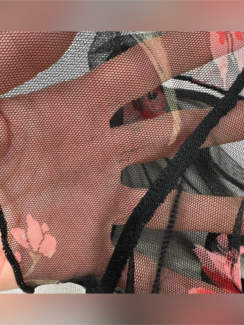 Sheer Mesh Floral Crop Top XS Black Red Cinch Tie Front Ruched Festival‎ Fairy - Picture 7 of 9